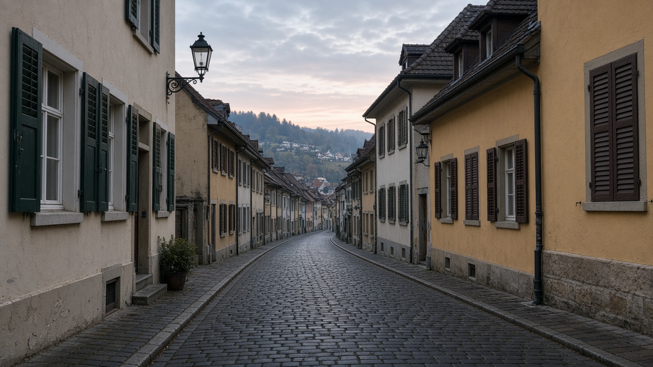 A quiet street in a Swiss town at dawn
