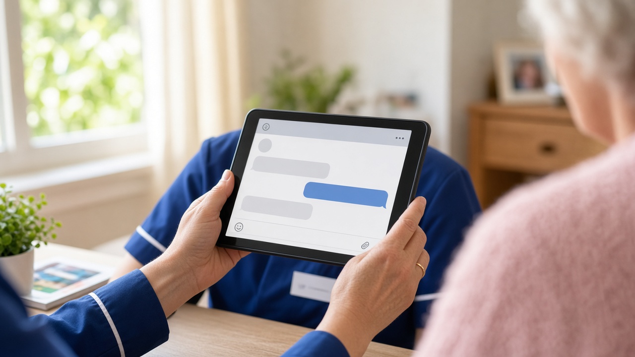 A nurse's hands beside a tablet computer on a bright care home desk