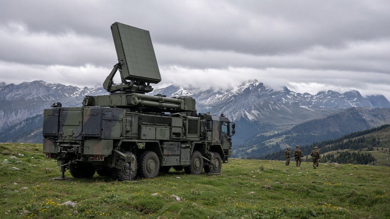 A military air defence missile launcher and radar on an alpine meadow under an overcast sky