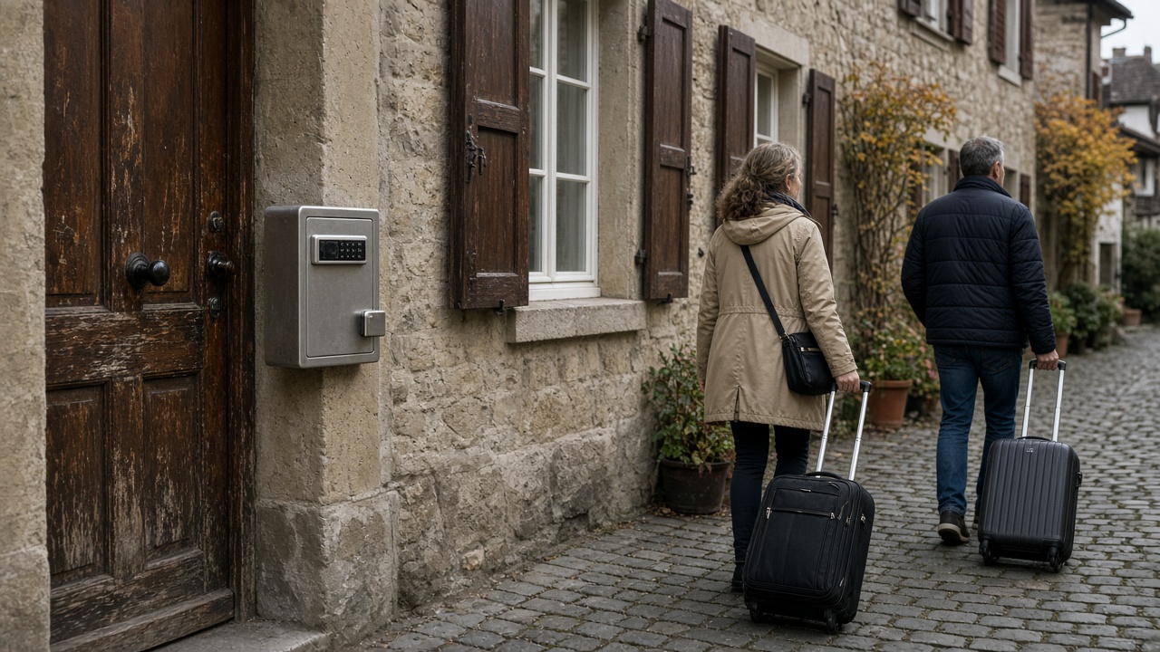 Tourists with rolling suitcases beside a key lockbox in a Swiss old town lane