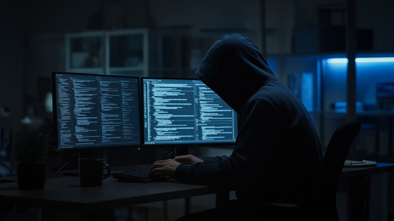 A hooded figure at a keyboard in a dark room lit by two monitors