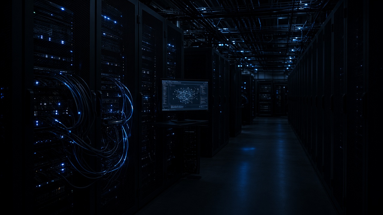 A dark server room with a single glowing monitor and rows of racks
