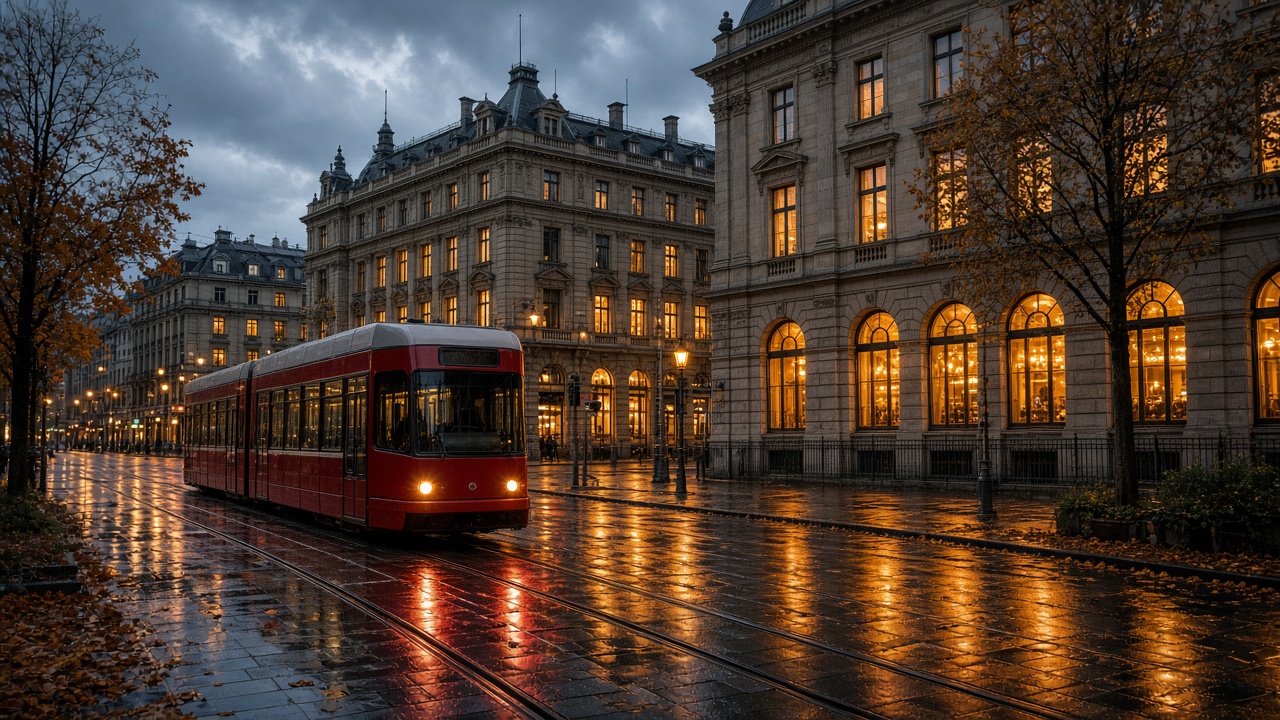 Paradeplatz in Zurich at dusk with a tram passing the bank buildings