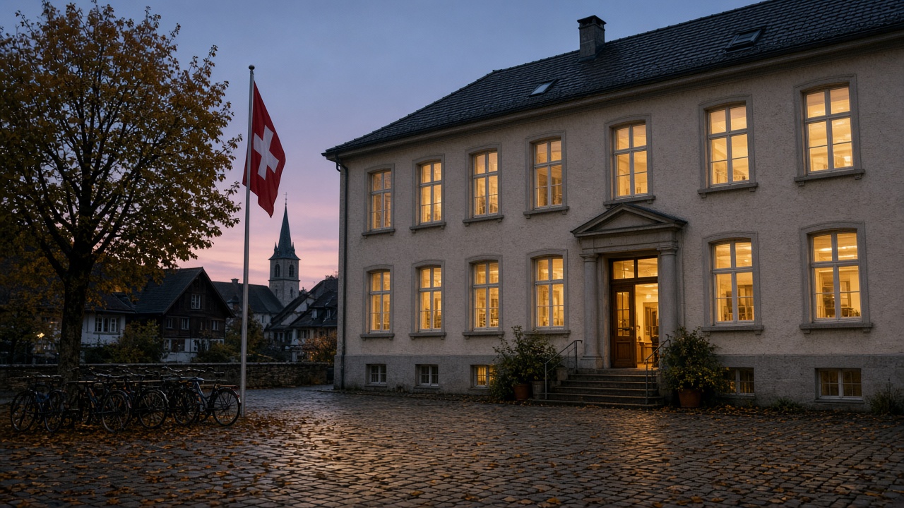 A Swiss village square at dusk before a federal vote