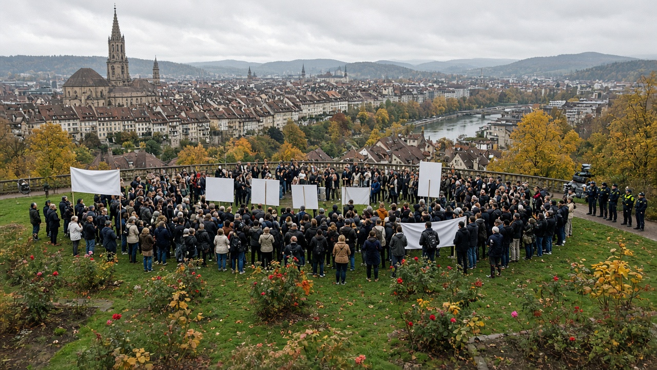 Demonstrators with banners gathered in the Rosengarten park above Bern's old town on an autumn afternoon