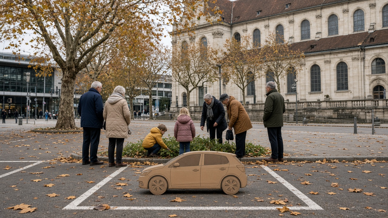 Bahnhofplatz in Bern with a cardboard car in a parking bay