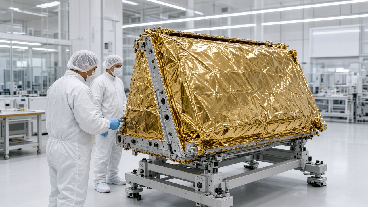Technicians in a cleanroom working on a satellite structure
