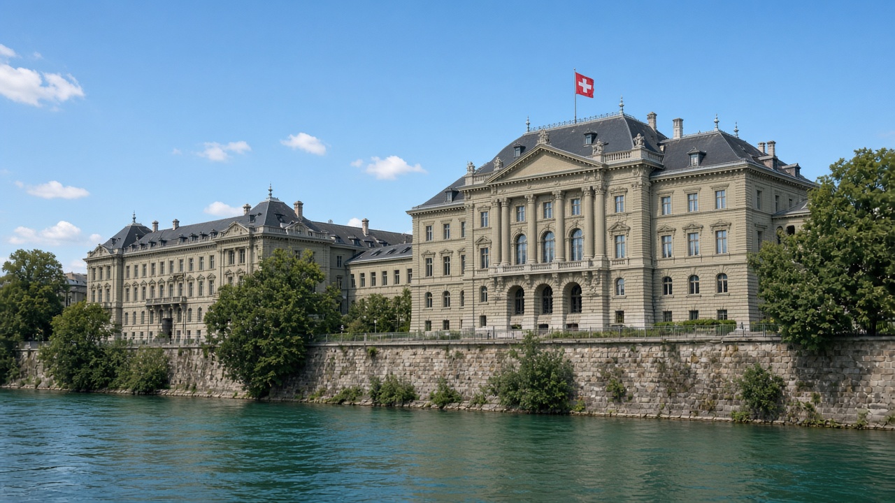 The Federal Palace in Bern above the Aare in August