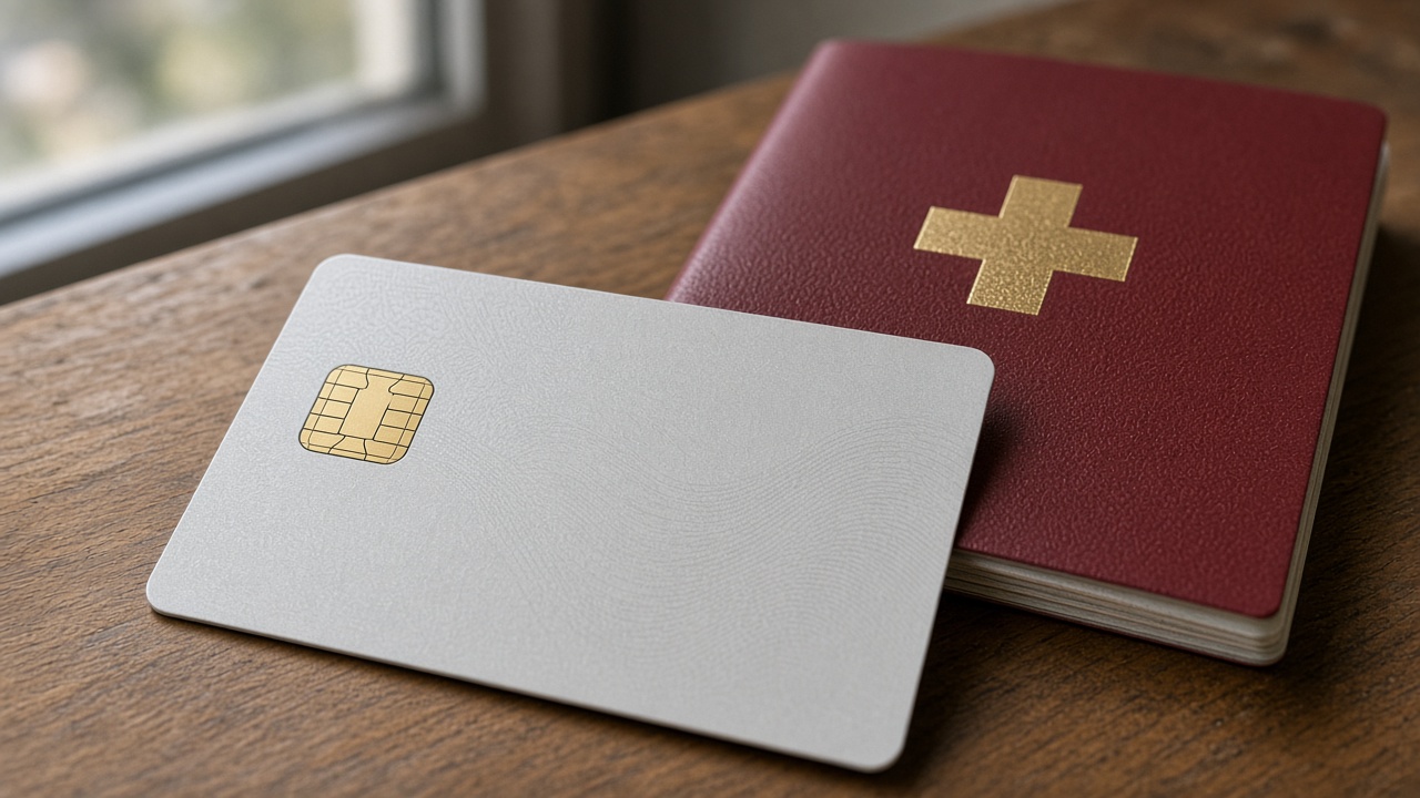 A Swiss identity card with a chip beside a red Swiss passport on a wooden counter