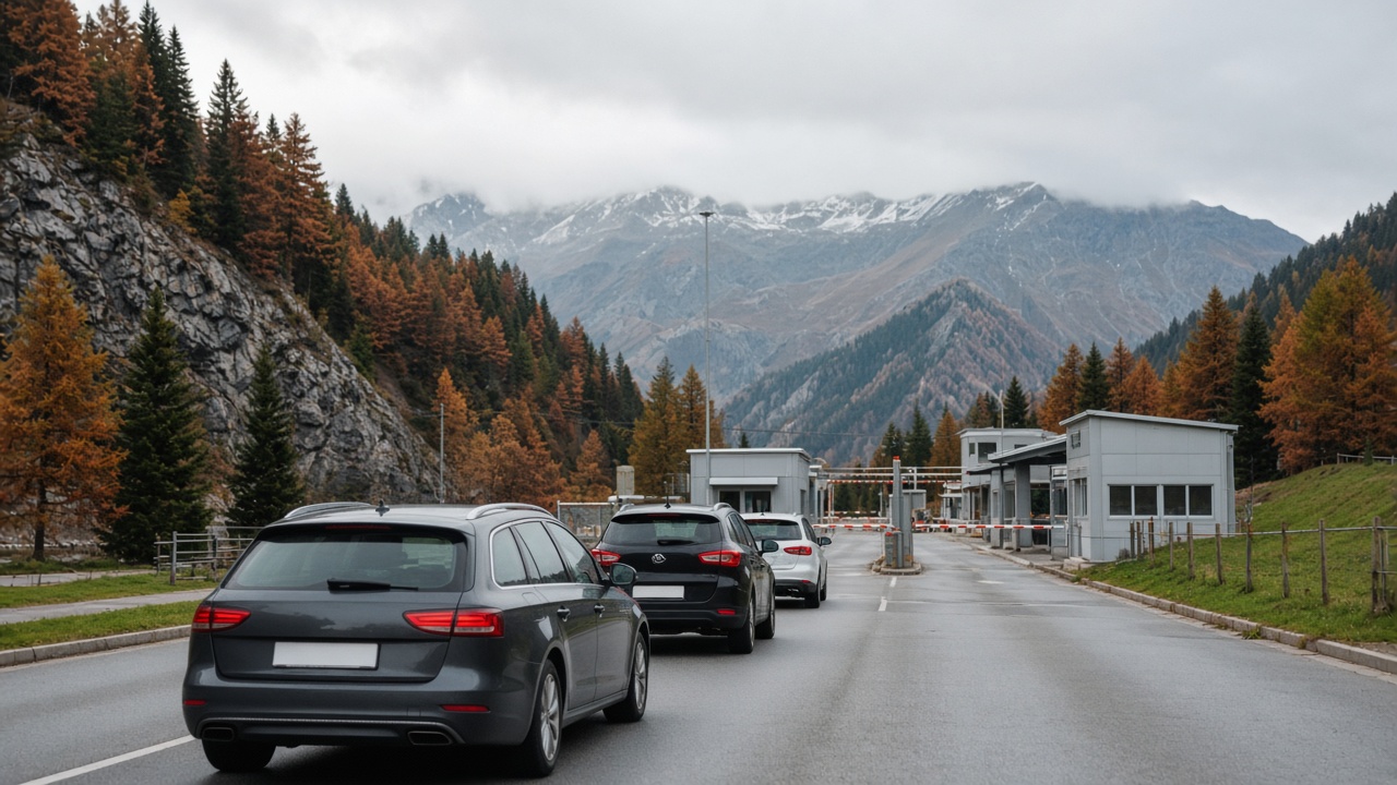 Cars at a Swiss Alpine border post