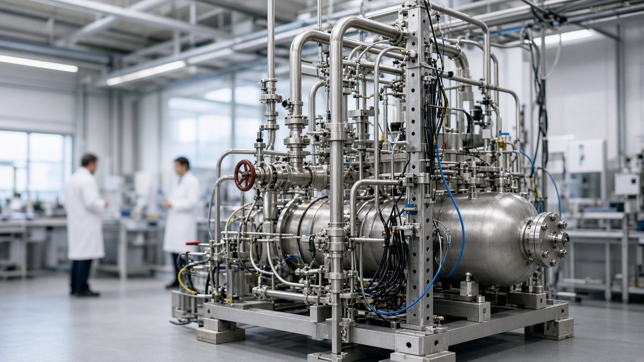 A compact experimental reactor test rig with steel piping inside a Swiss research hall