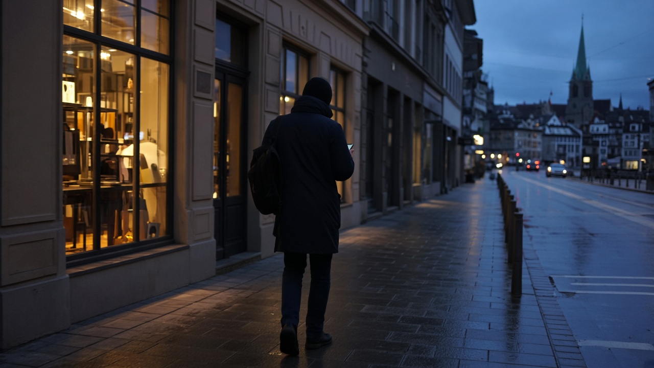 A pedestrian checking a smartphone while walking alone on a Swiss city street at dusk