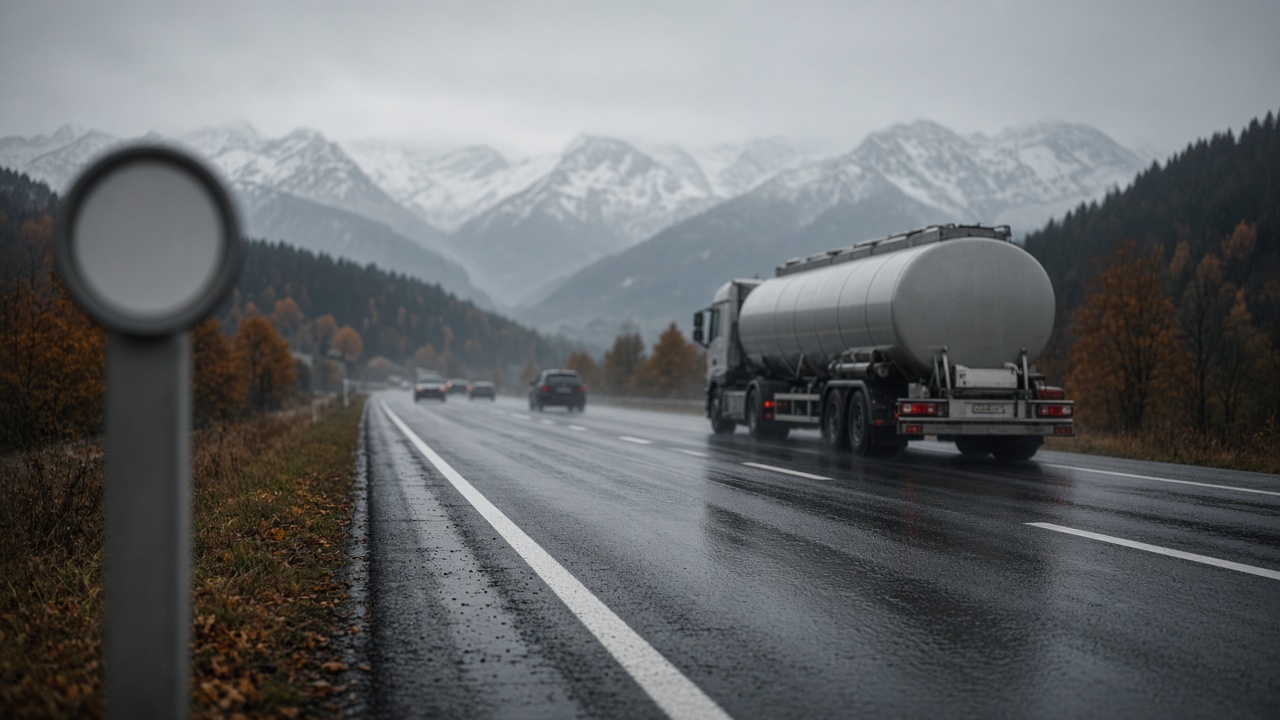 A wet Swiss motorway in grey autumn rain with cars and a fuel tanker in the distance