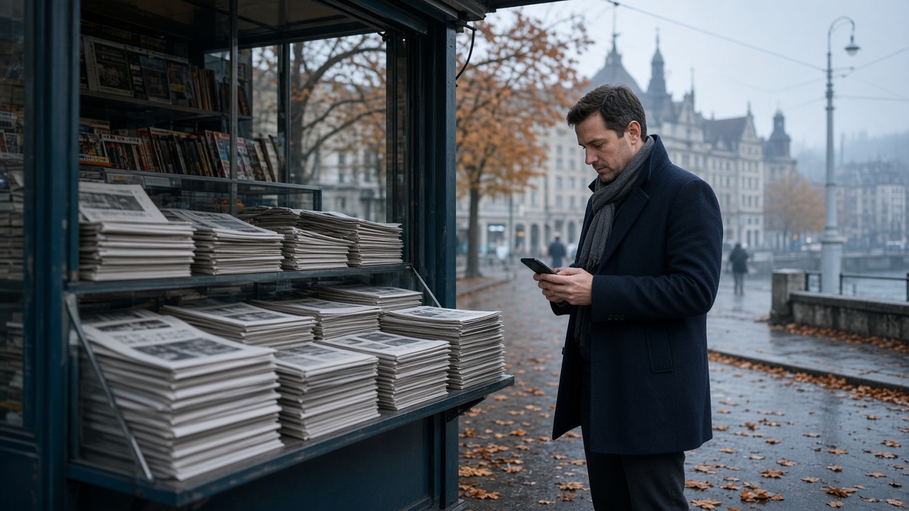 A Swiss city newsstand on an autumn morning with a commuter looking at a smartphone