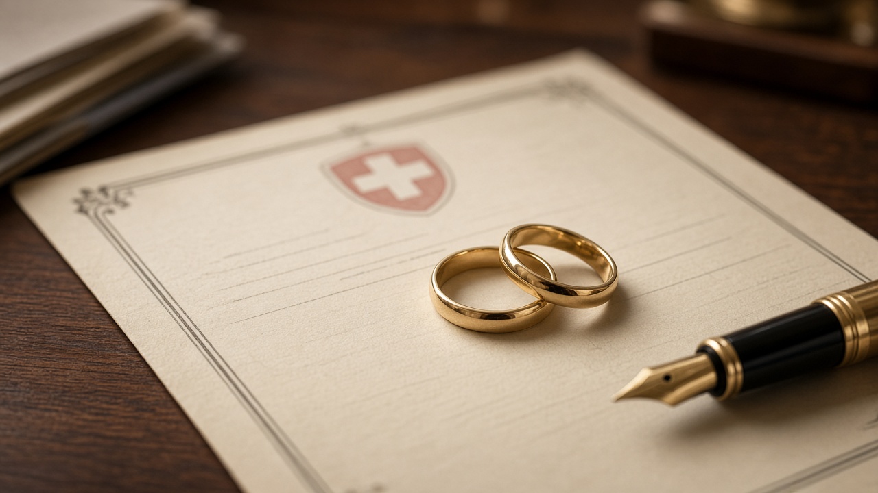 Two wedding rings resting on an official Swiss civil registry document