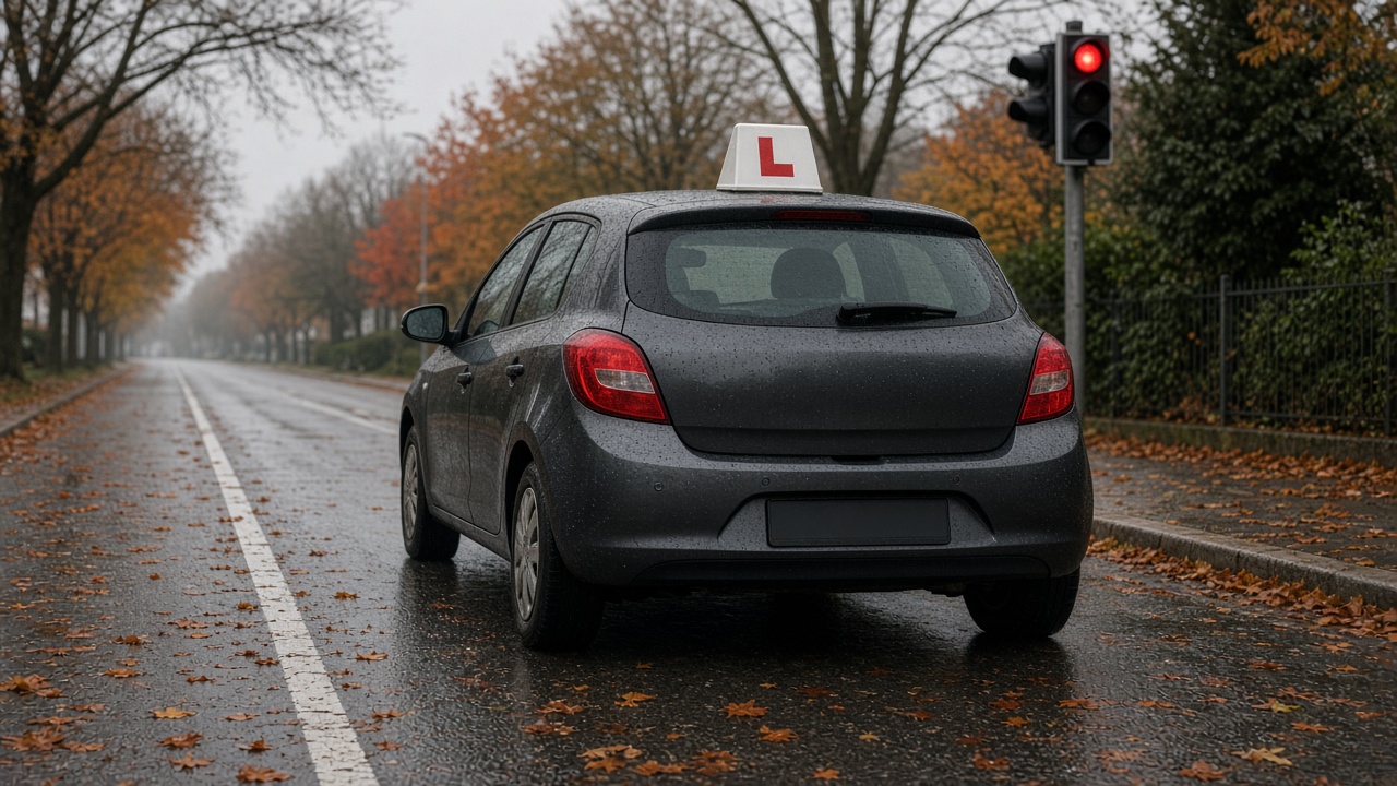 A Swiss driving school car with a white L sign on the roof waiting at a traffic light