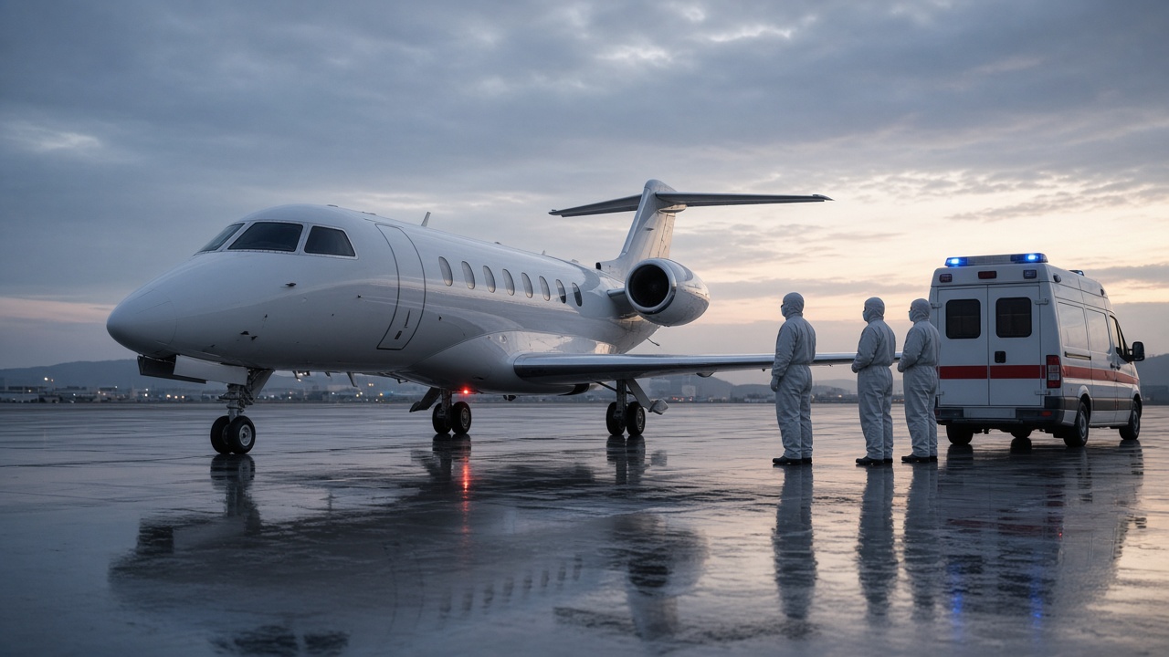 A white air-ambulance jet on a wet airport apron at dawn with a medical team in protective coveralls