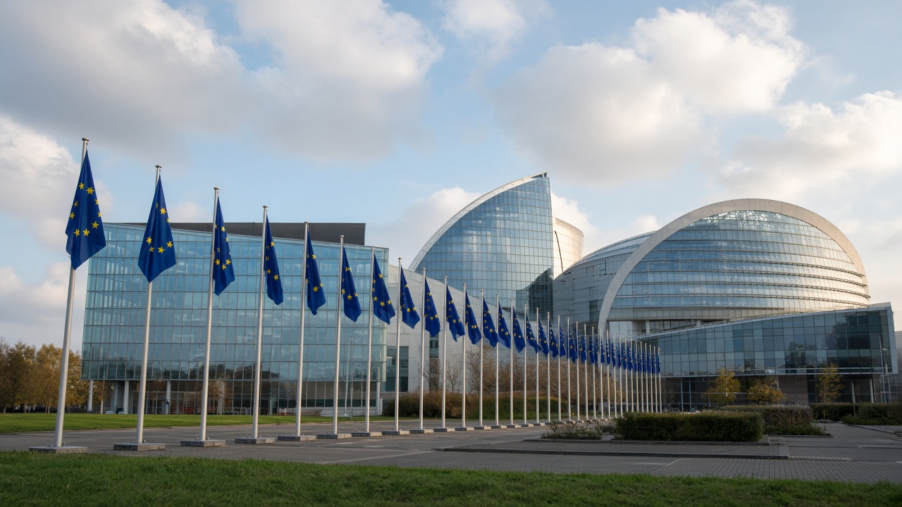 The European Court of Human Rights building in Strasbourg with European flags in autumn light
