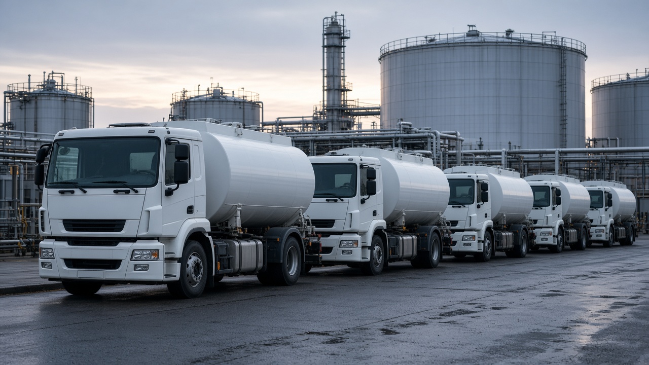Fuel tanker trucks parked in a row at a European oil depot at dawn