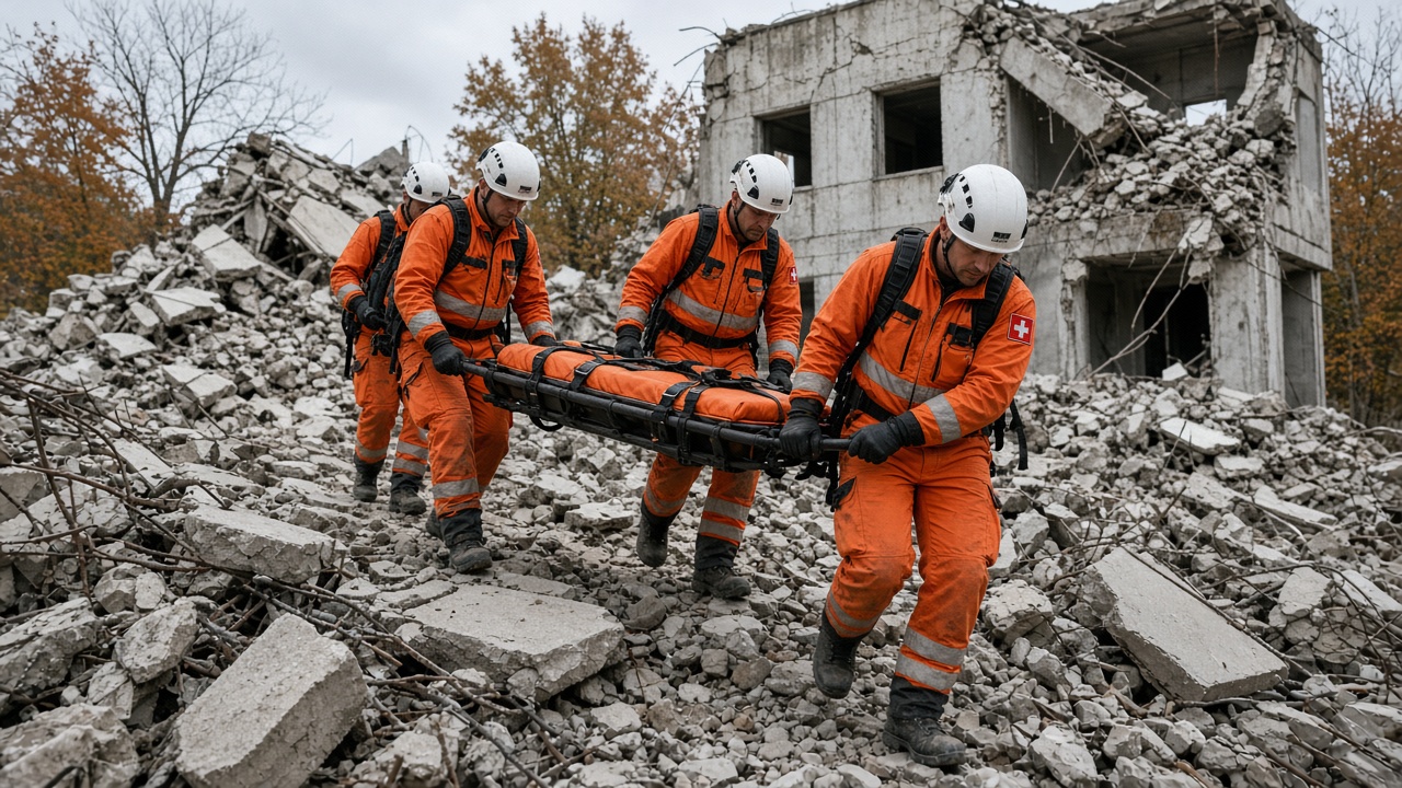 Rescue workers in orange suits carrying a stretcher across a rubble training field