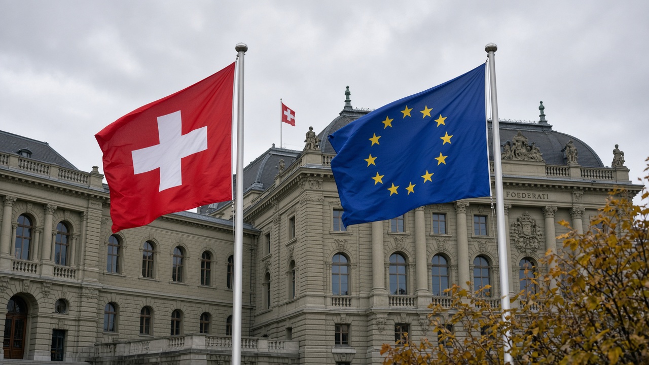 The Swiss and European Union flags flying side by side