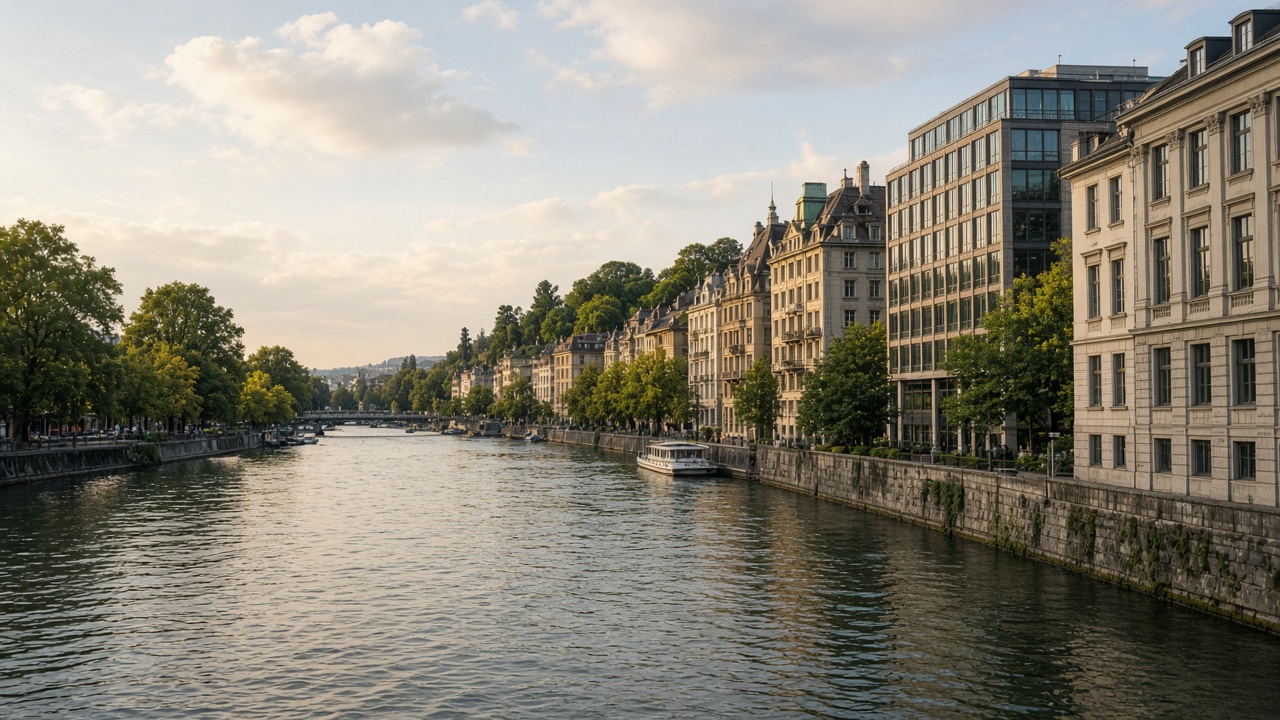 Zurich riverside banking buildings in late summer