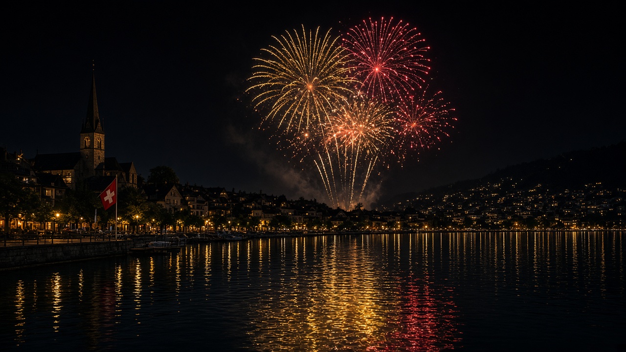 Colourful fireworks bursting over a Swiss lakeside town at night with reflections on the water