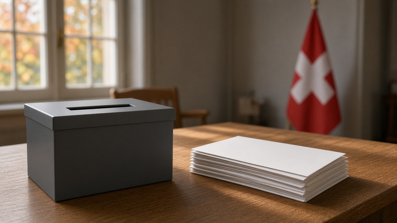 A Swiss communal ballot box and plain voting envelopes on a wooden table in a town hall