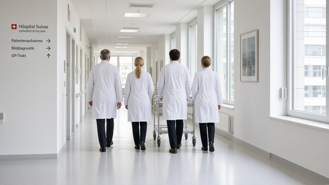 Doctors in white coats walking along a hospital corridor