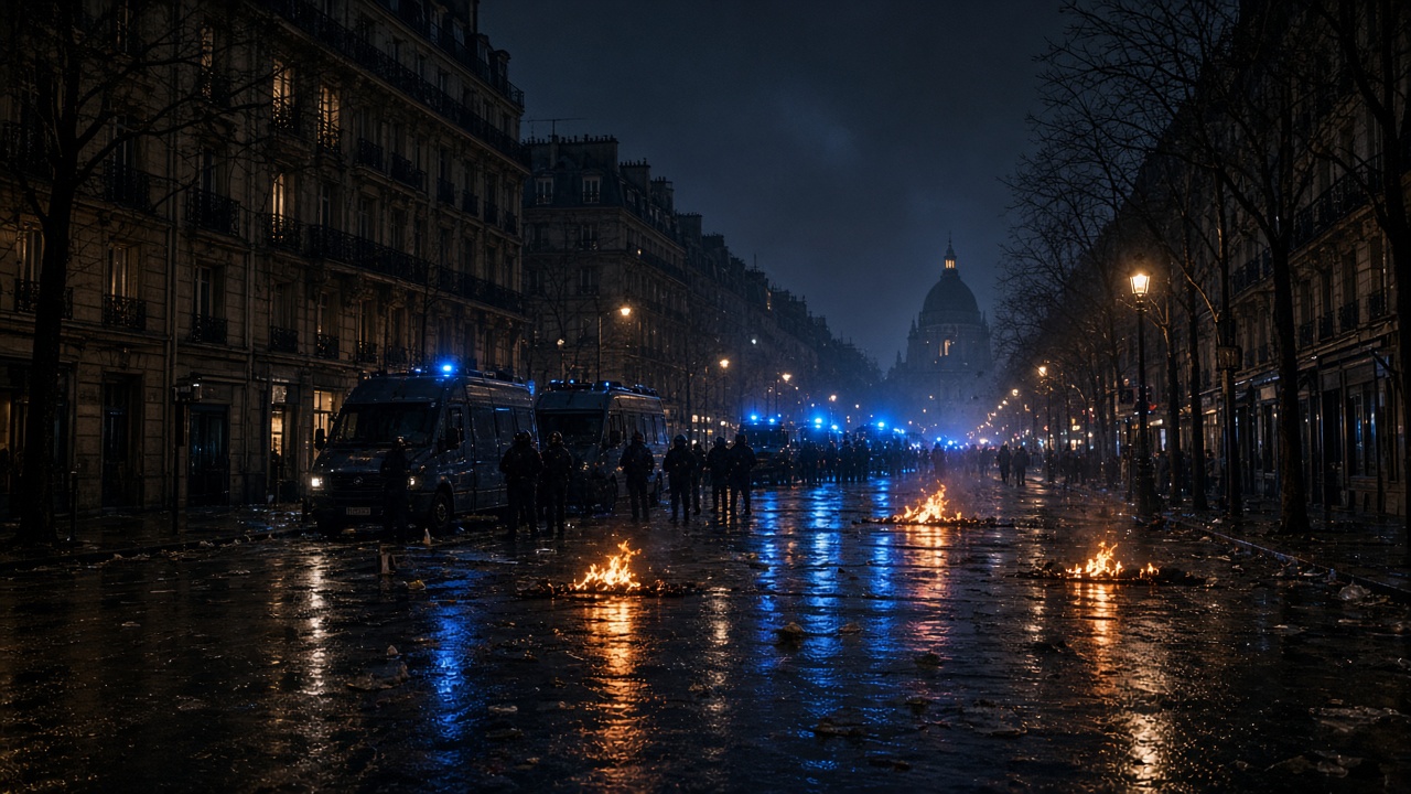 Riot police vehicles and small street fires on a Paris boulevard at night