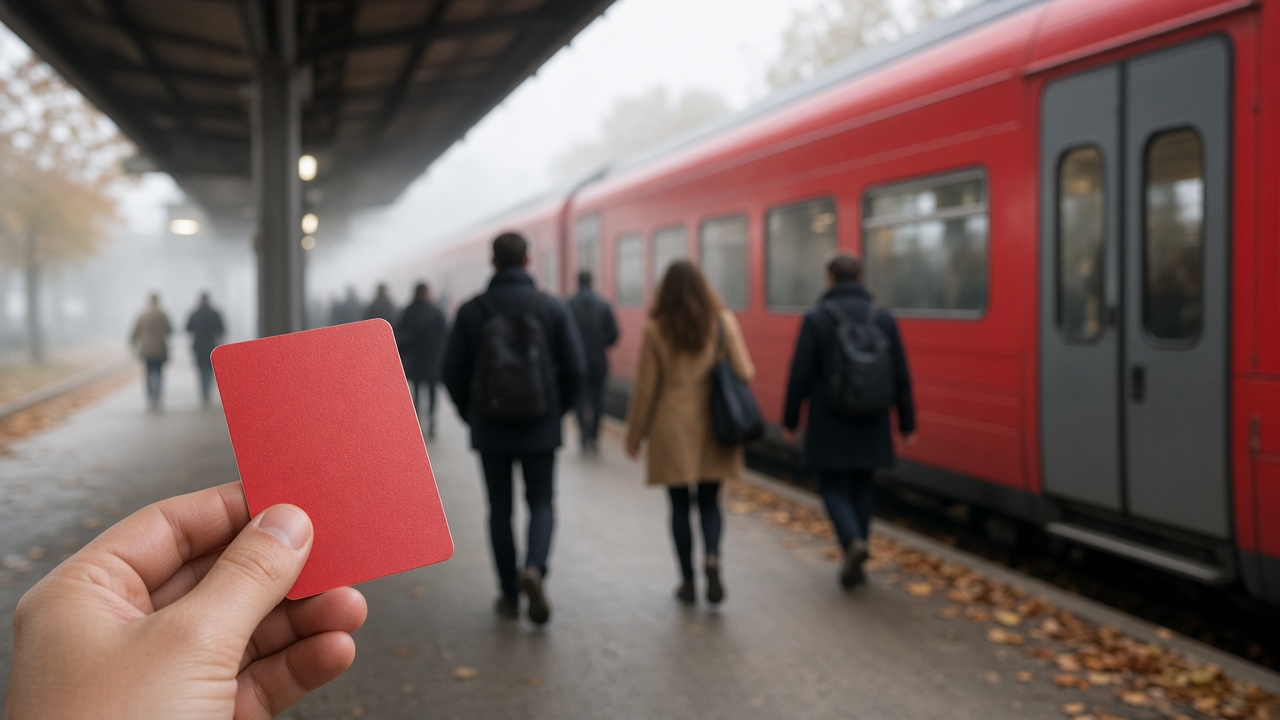 Commuters boarding a red Swiss intercity train on an autumn morning