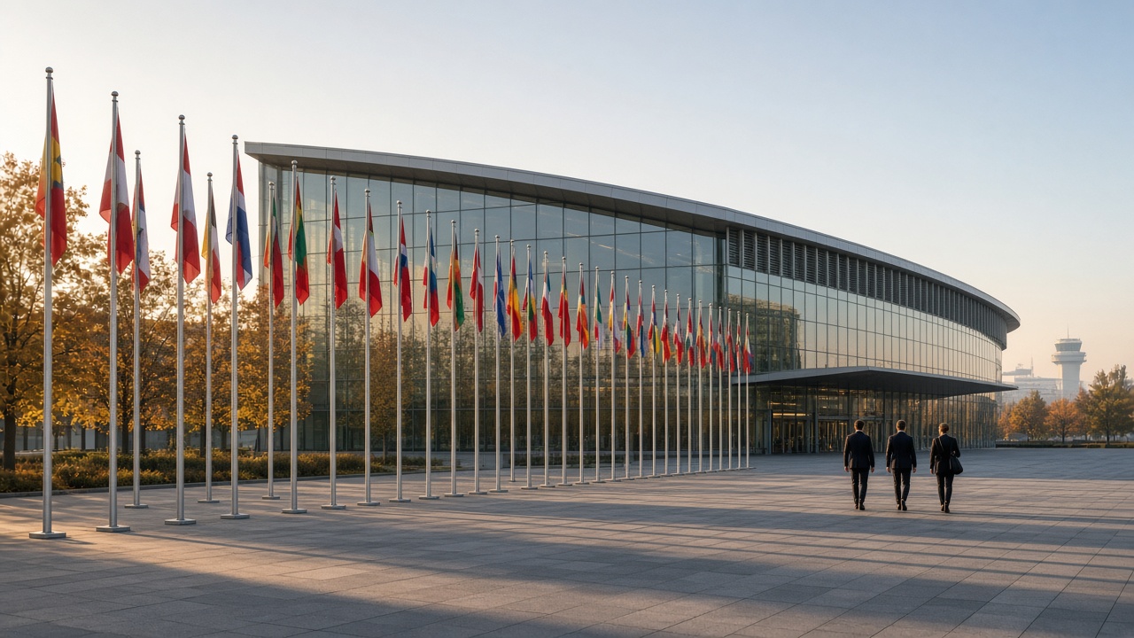 The Palexpo conference centre near Geneva with international flags