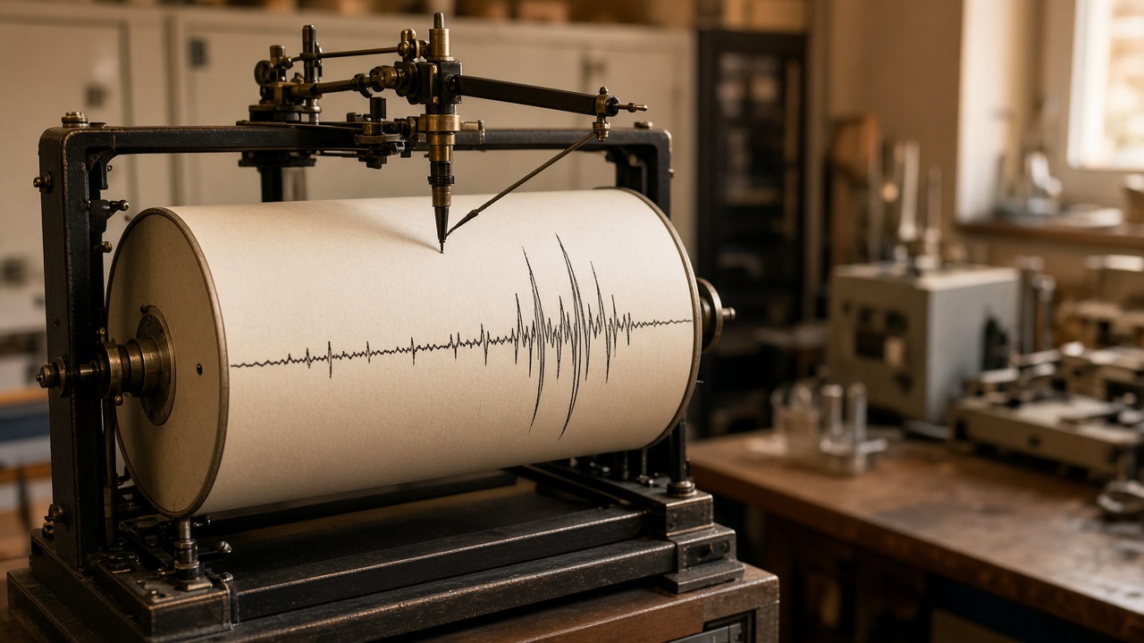 A seismograph drum recording a jagged earthquake trace beside a topographic map of the Glarus Alps