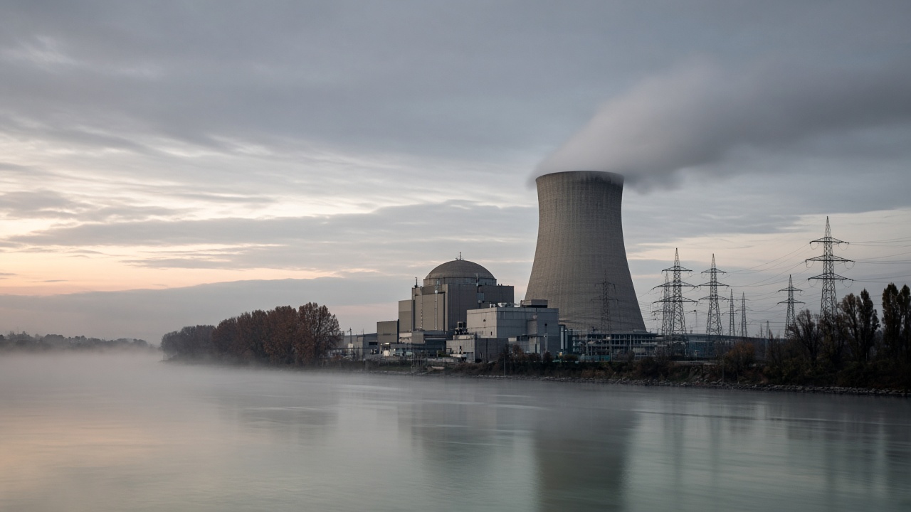 The Gösgen nuclear power plant beside the Aare river at dawn with its cooling tower