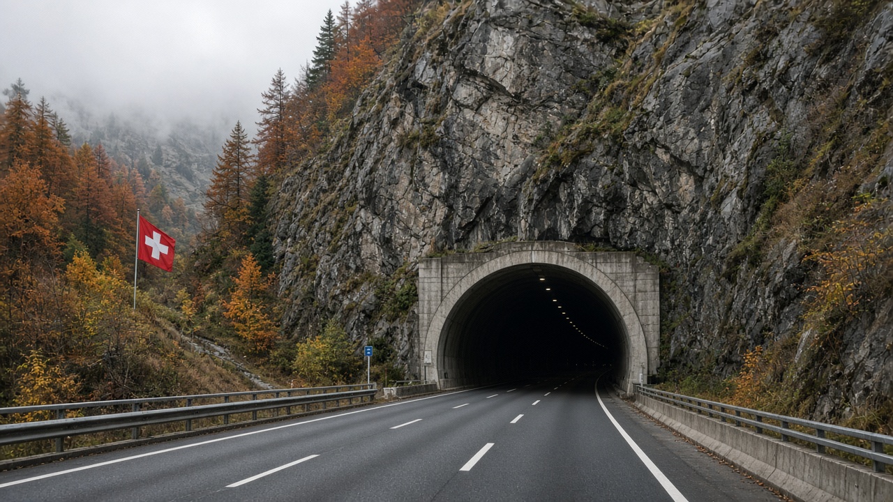 The Gotthard road tunnel north portal near Airolo beneath steep Alpine rock faces