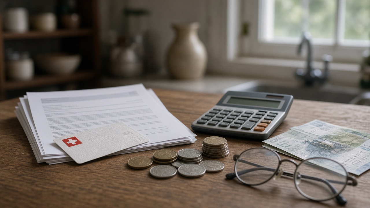 A health insurance letter, card and calculator on a kitchen table