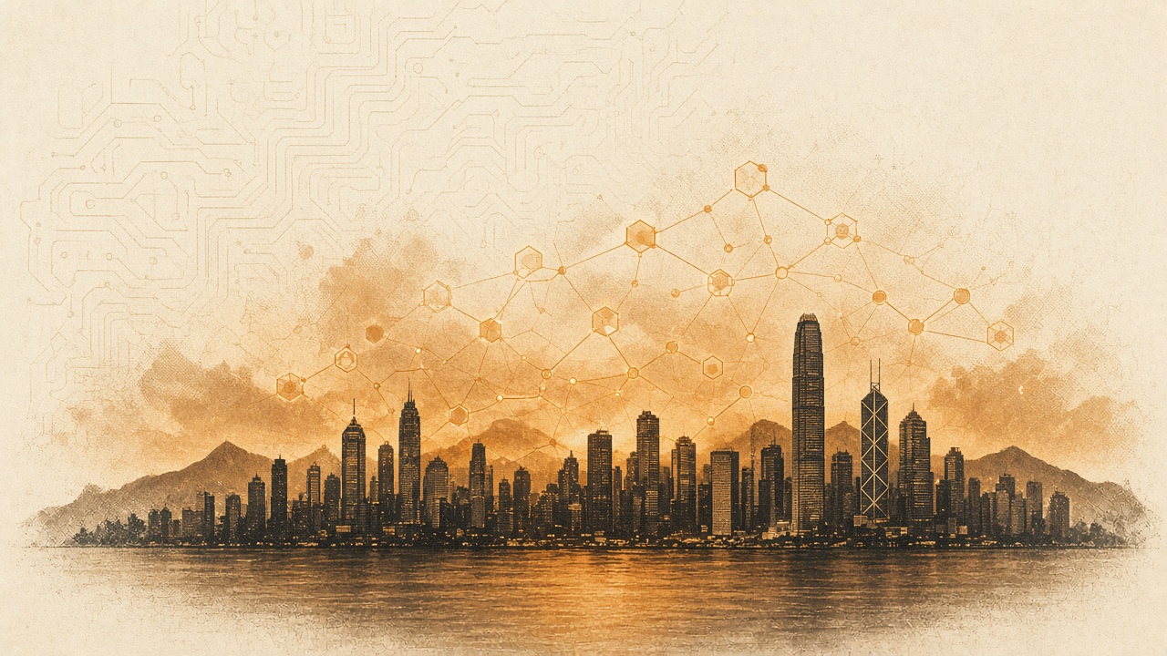 Abstract illustration of the Hong Kong skyline with a glowing blockchain network rising above the towers