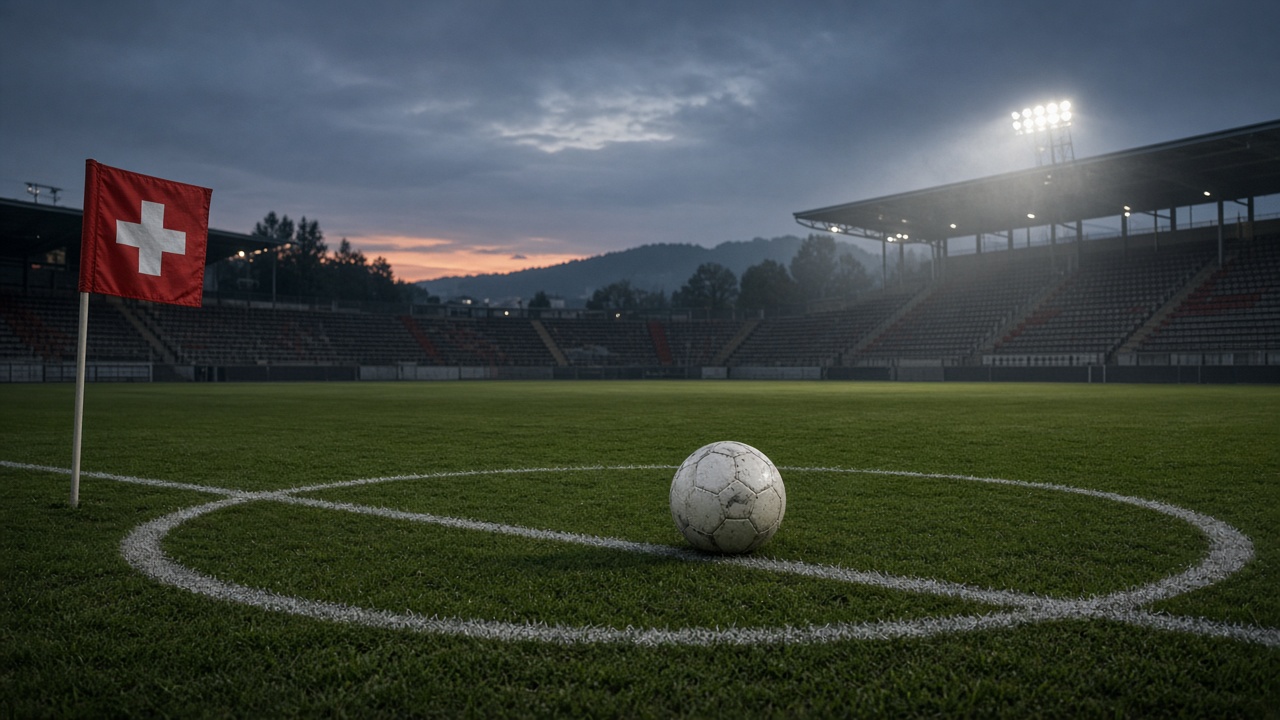 An empty Swiss football pitch at dusk under floodlights