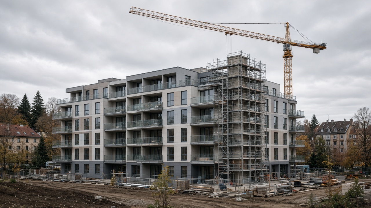 A nearly finished cooperative apartment building in Zurich with scaffolding on a stairwell and a crane