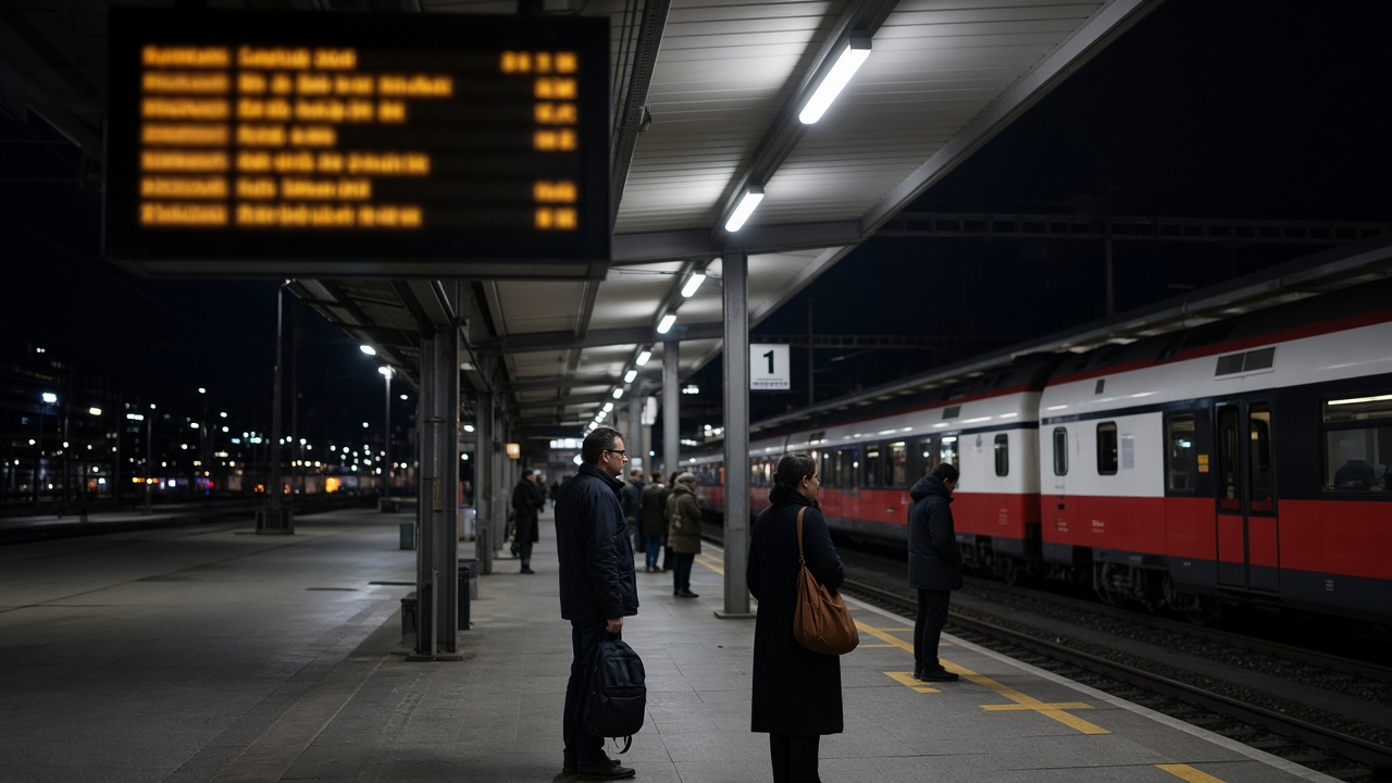 Passengers on a Swiss railway platform at night