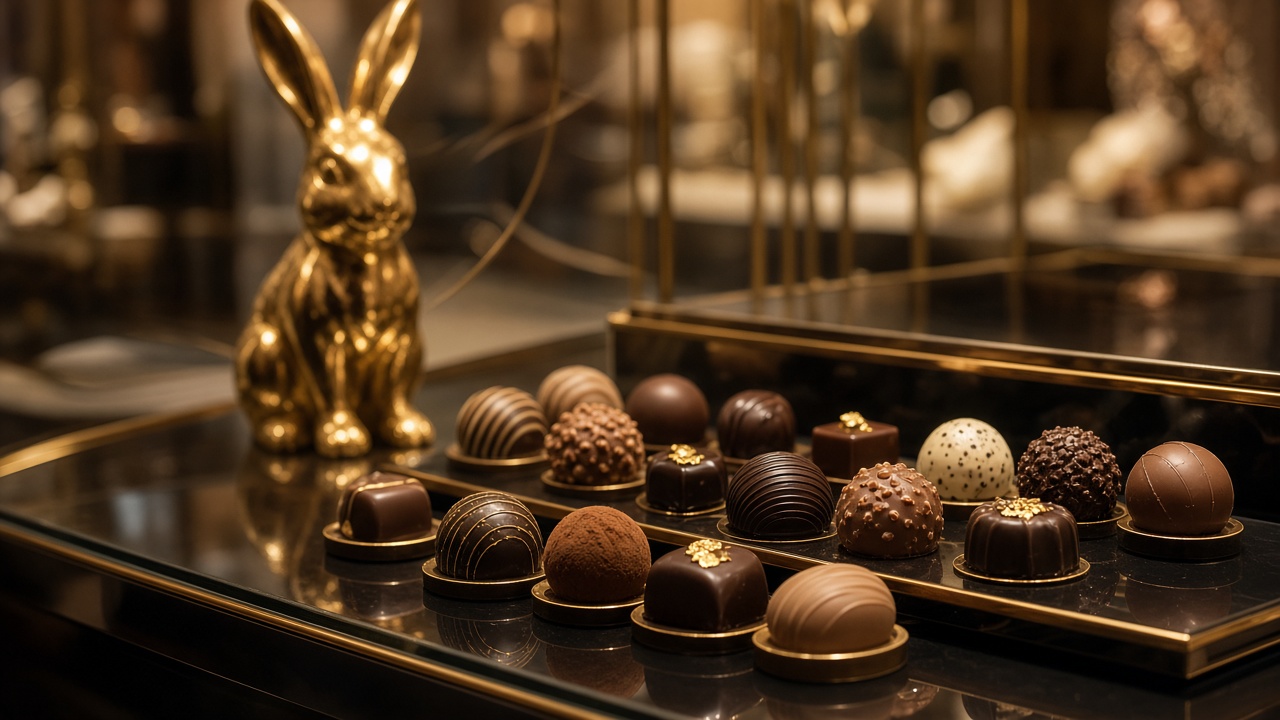 Swiss chocolate pralines and truffles in an elegant shop window display