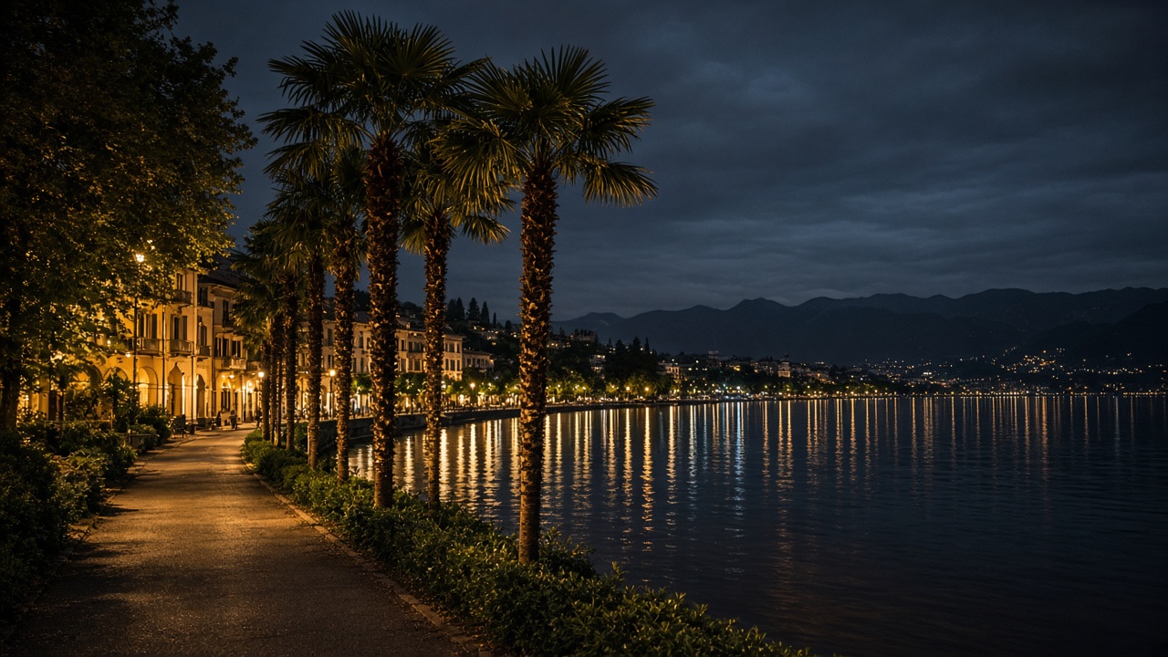 Locarno lakeside at night with warm lights and palm trees