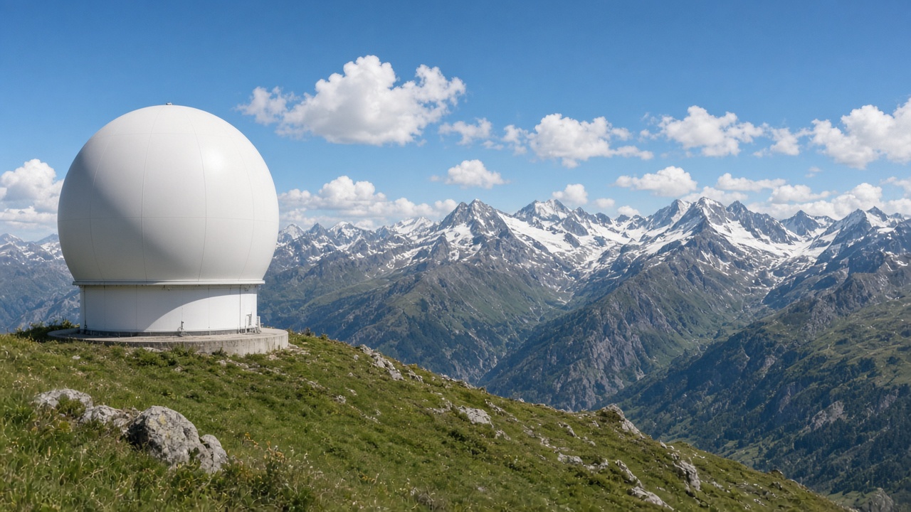 A weather radar dome on a Swiss hill