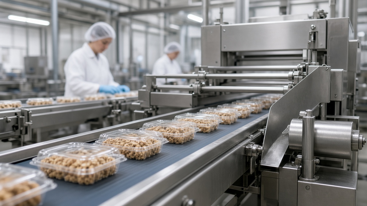 A food production line with stainless steel conveyor belts inside a Swiss factory