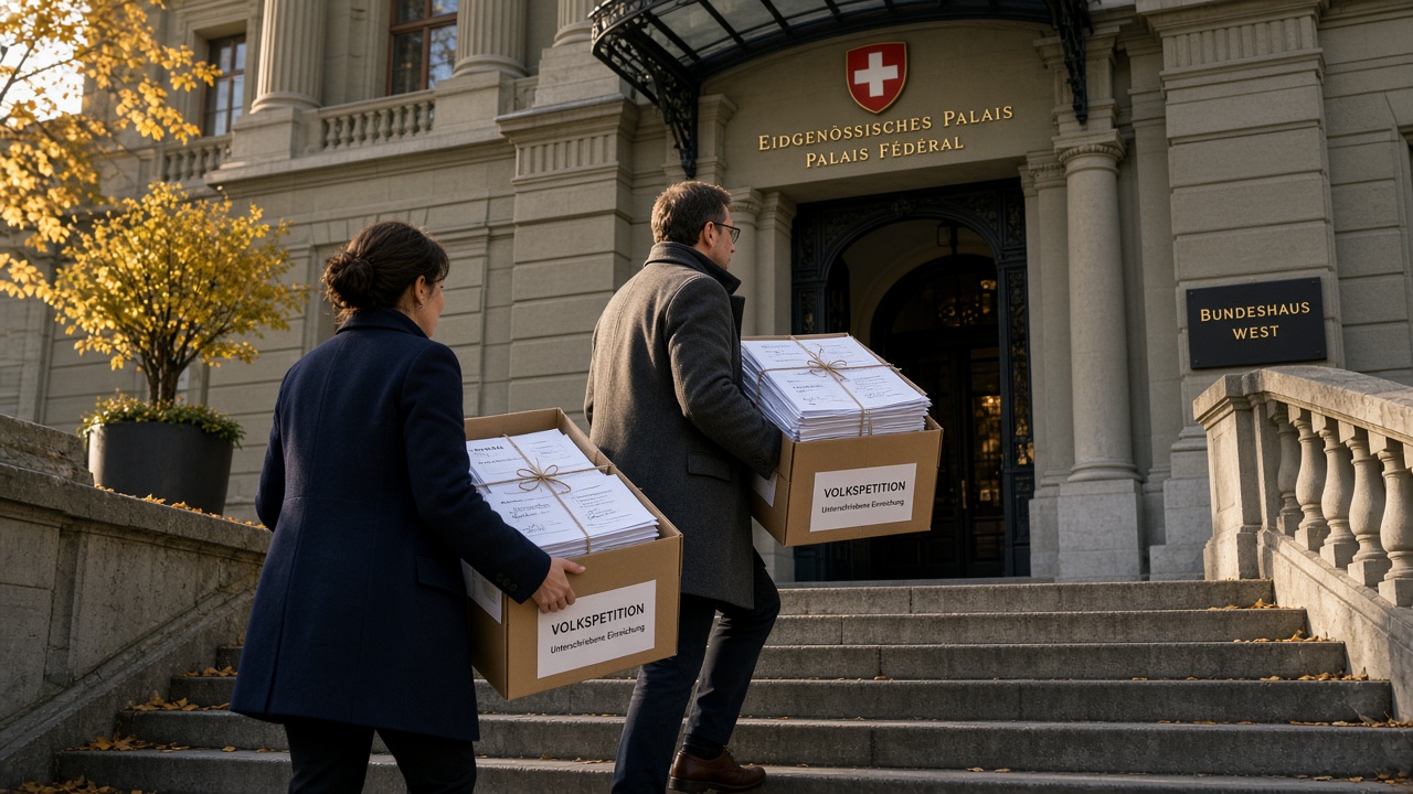 Boxes of signed referendum sheets being carried into the Federal Chancellery