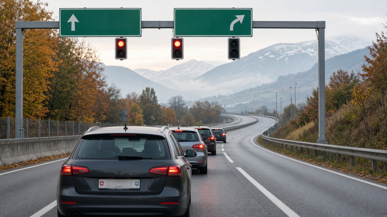 Cars waiting at a red traffic light on a Swiss motorway entry ramp in the morning