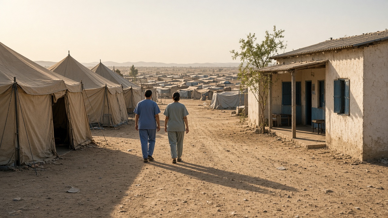 Canvas clinic tents at the edge of a dusty Sahel refugee camp in late afternoon light