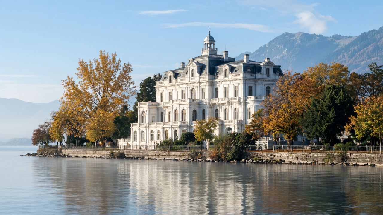 The Nestlé headquarters building on the shore of Lake Geneva in Vevey on a bright autumn morning