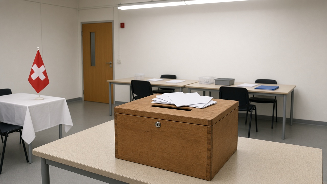 A Swiss polling station with a wooden ballot box