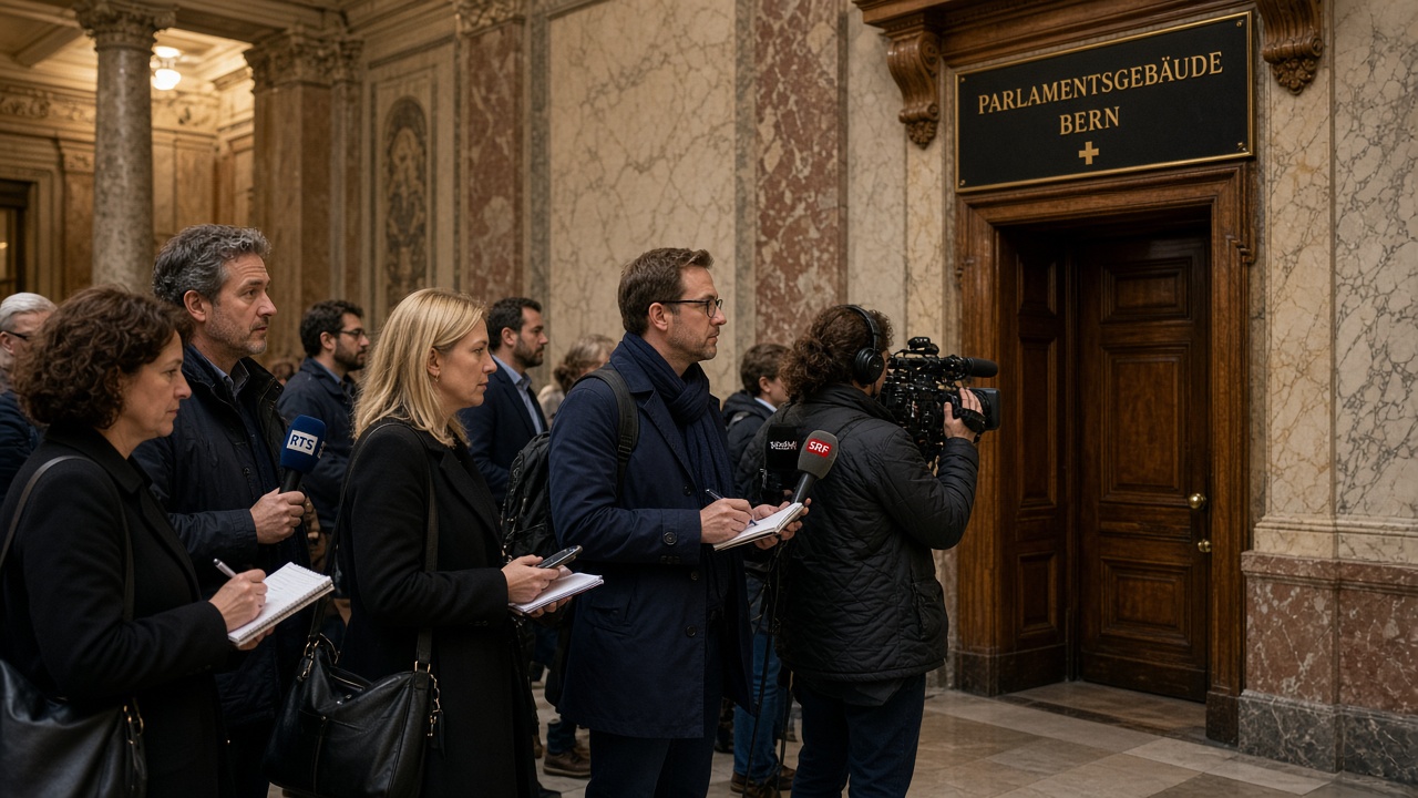 Journalists waiting in a corridor of the parliament building in Bern